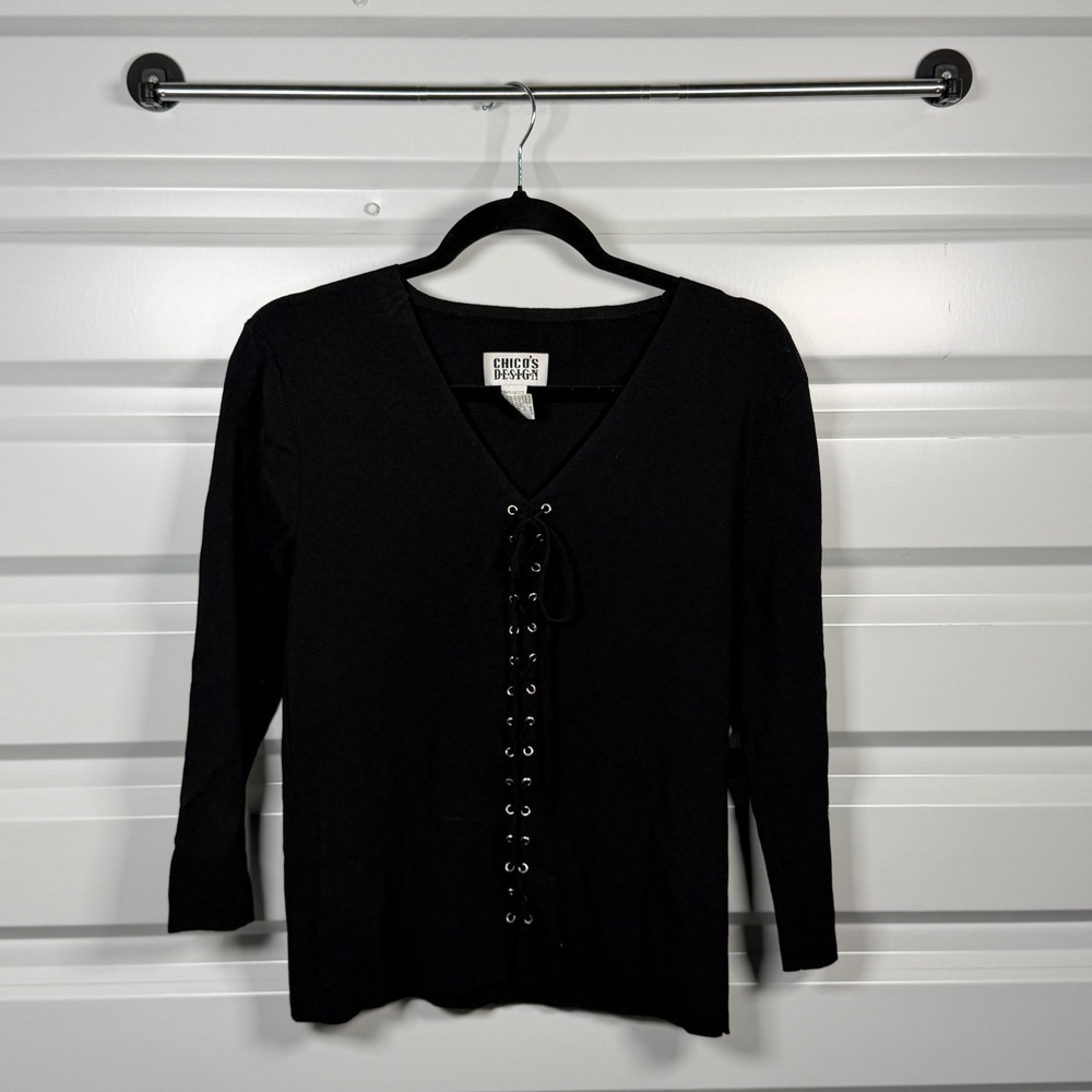 Chico's Design Lace Up Sweater Womens 0 Black Excellent Ribbed V-Neck Knit
